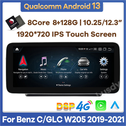 10.25"/12.3" Android 13 Qualcomm Car Multimedia Player GPS Radio for Mercedes Benz C / GLC Class W205 2019-2021 NTG5.5